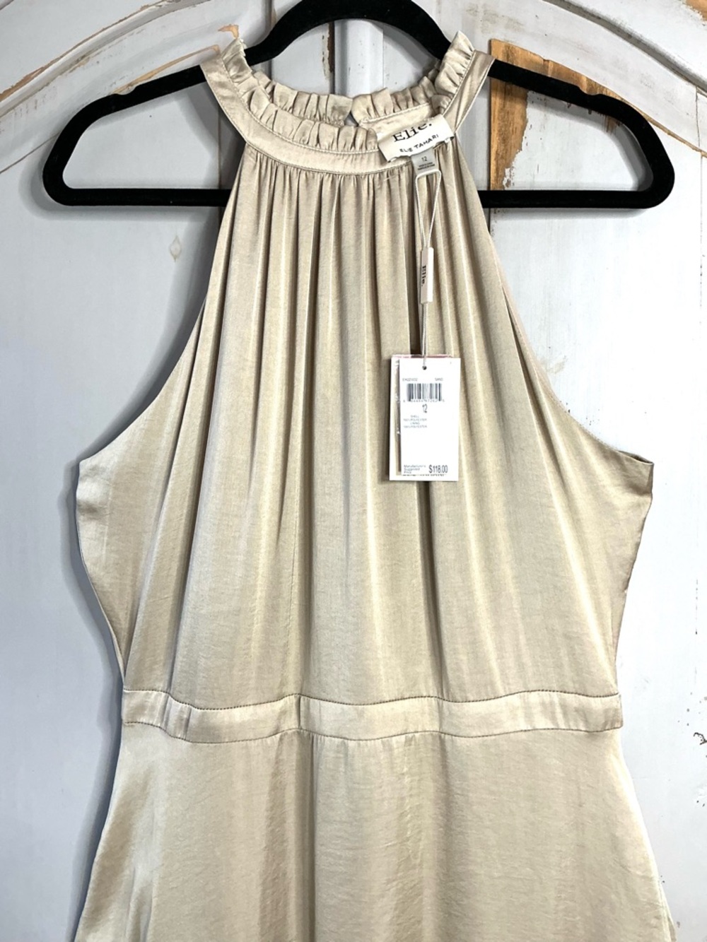 NWT Elie Tahari | Ruffled Halter Maxi Dress Soft Beige Champagne Size 12 - Picture 5 of 9